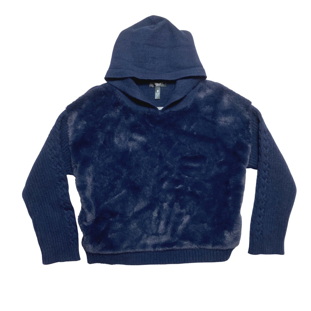 Aqua Sweater Girls XL Navy Blue Faux Fur Cable Knit Hooded Pullover